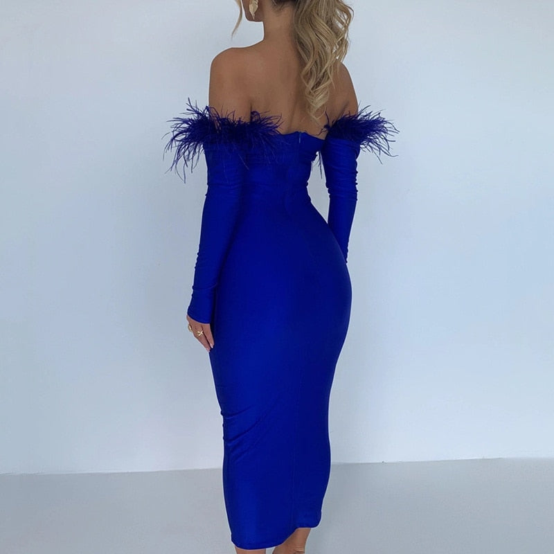 anyfreebie™-Party Dresses For Women Outfits Elegant Off-shoulder Feather Sleeve Maxi Dress Women New Strapless Backless Bodycon Long Dress Vestido