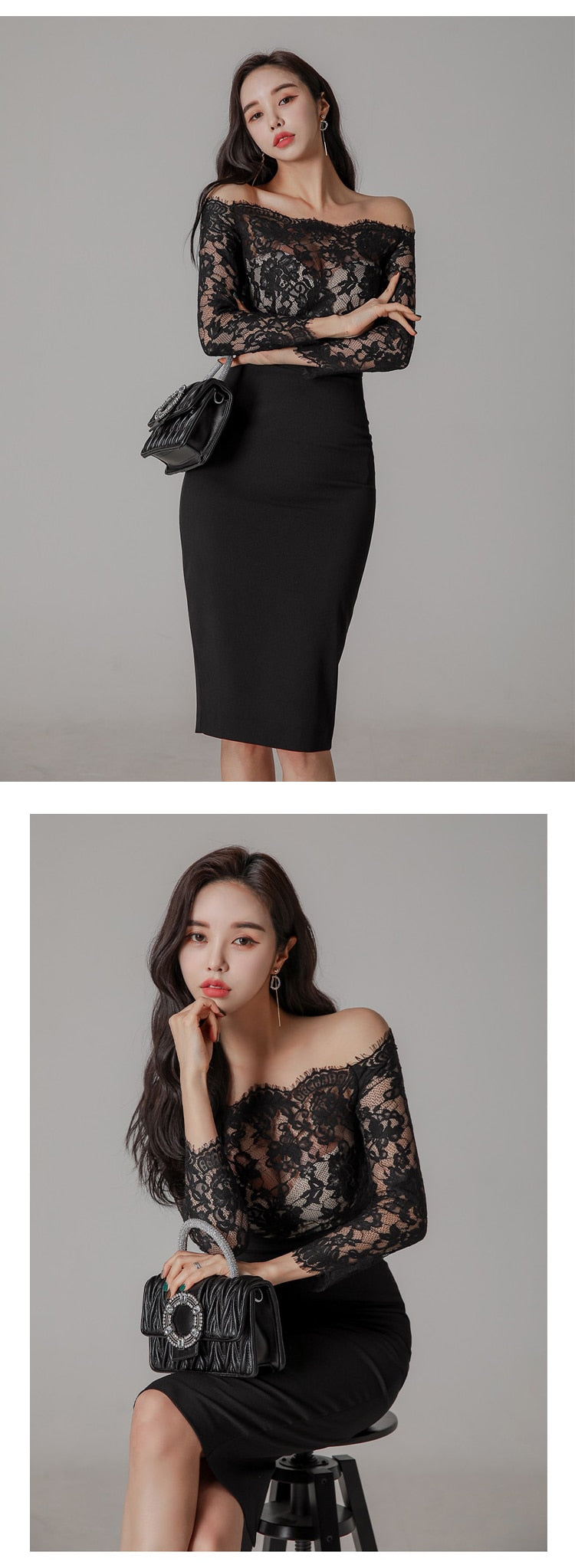 anyfreebie™-new arrival fashion korean spring midi party dress women OL temperament lace perspective sexy off-shoulder holiday pencil dress