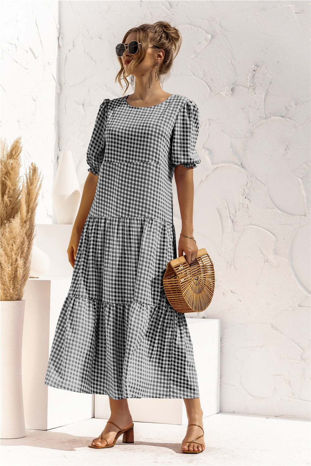 anyfreebie™-Summer Polka Dot Plaid Print Robe Maxi Dress Women Elegant Puff Sleeve Casual Patchwork Loose Holiday Party Long Vestidos