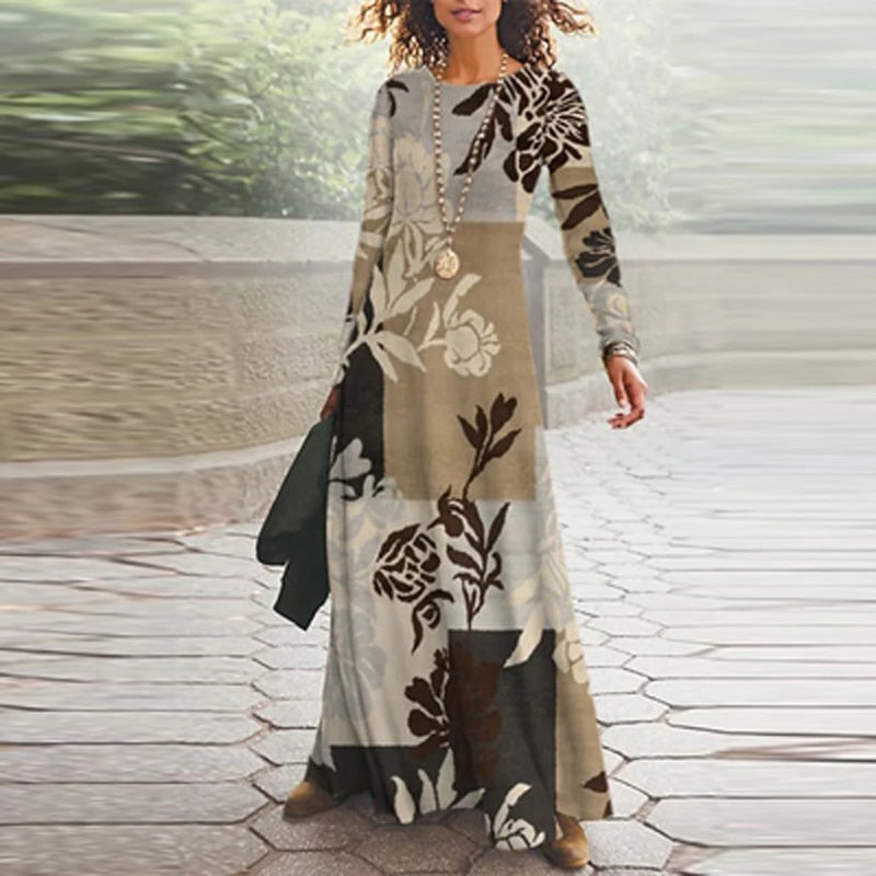 anyfreebie™- 2024 Spring Geometric Print Long Party Dress Women Elegant O Neck Office Maxi Dress Autumn Long Sleeve Hem Boho Lady Dress Mujer