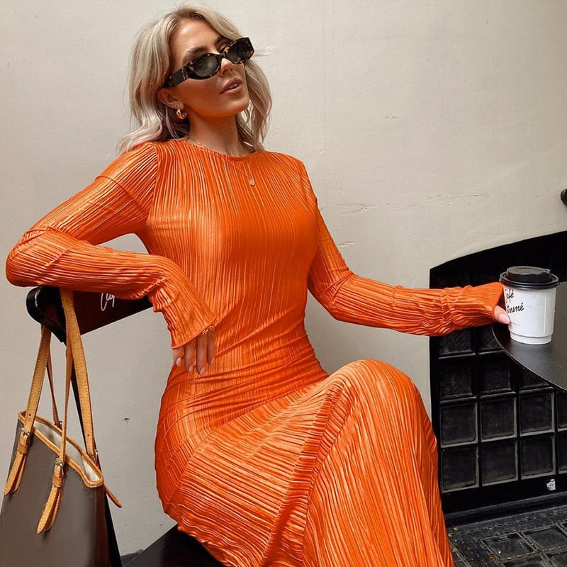 anyfreebie™- Women Fashion Long Sleeve Streetwear Bodycon Orange Midi Dress Autumn Clothes Wholesale Items For Business