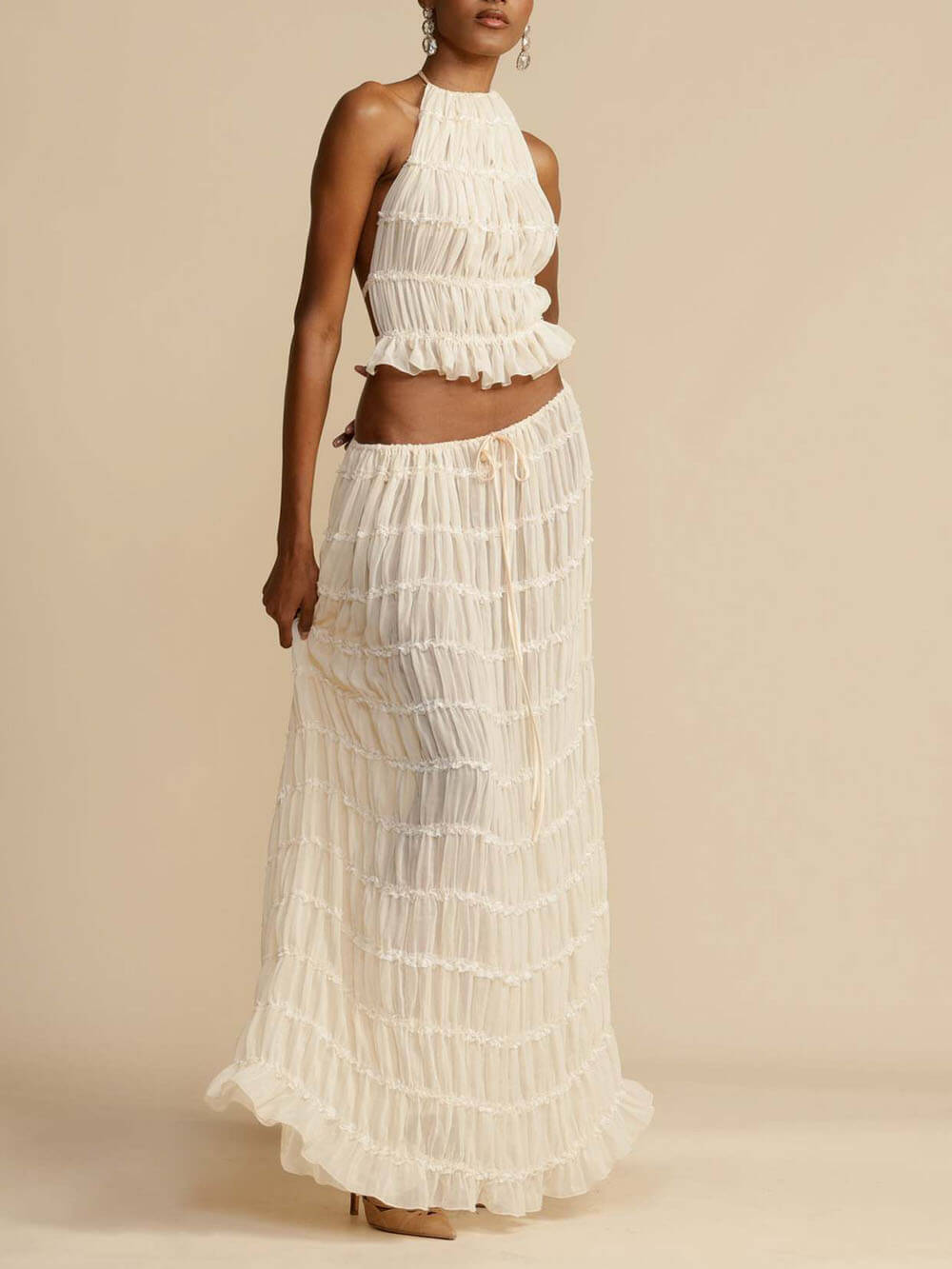 anyfreebie™-Charm Pleated Drawstring Waist Tiered Maxi Skirt