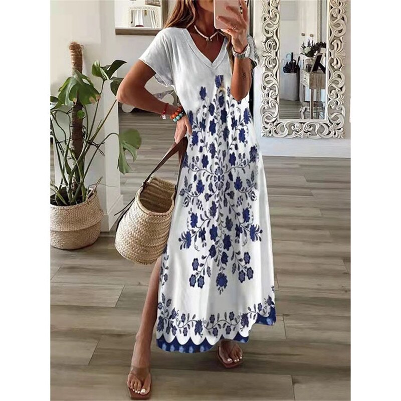 anyfreebie™- Vintage Print Maxi Dress Women 2024 Summer Elegant V Neck Short Sleeve Loose Split Casual Dress Female Party Boho Beach Vestidos