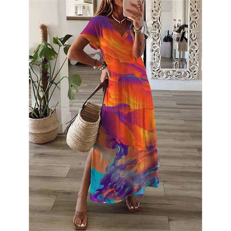 anyfreebie™- Vintage Print Maxi Dress Women 2024 Summer Elegant V Neck Short Sleeve Loose Split Casual Dress Female Party Boho Beach Vestidos