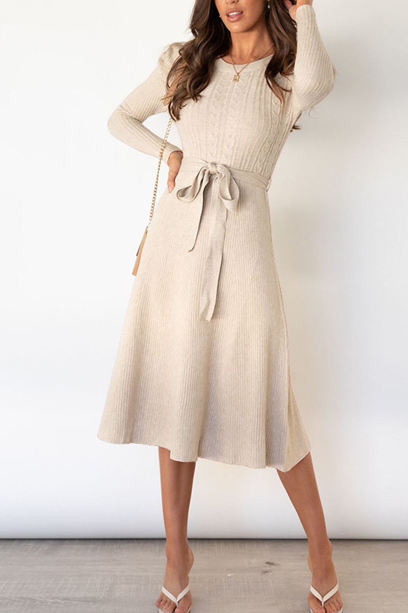 anyfreebie™-Elegant Solid With Belt O Neck Sweater Dresses