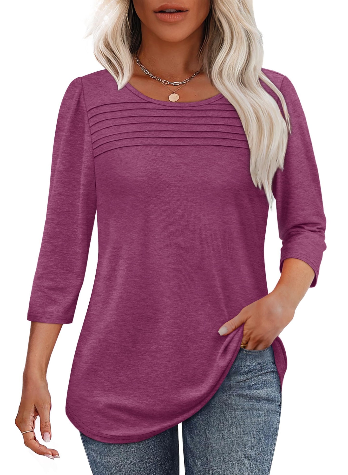 Women's 3/4 Length Sleeve Top Pleated Front T-Shirt