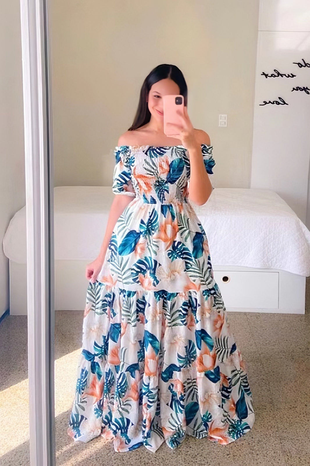 anyfreebie™-One-shoulder floral off-shoulder long printed dress