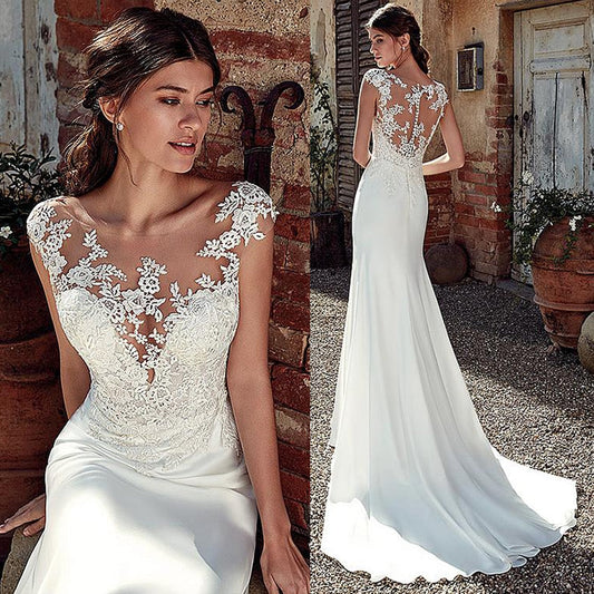 anyfreebie™- The Sales Rack-Modest Soft Satin Bateau Neckline Mermaid Bridal Dress With Lace Appliques And Sheer Illusion Back