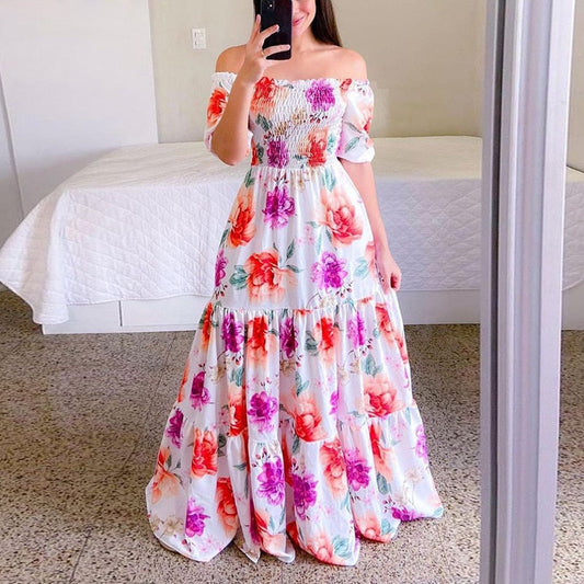 anyfreebie™-Sexy Off The Shoulder Tube Top Dress Butterfly Rainbow Floral Print Dress Ladies Elegant Slim Summer Bohemian Party Maxi Dresses