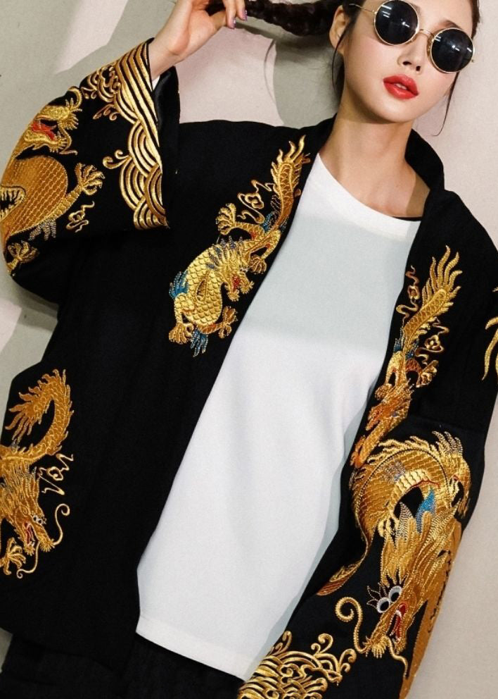 anyfreebie™-Gold Painted Dragon Oversized Cotton Cardigan Jacket