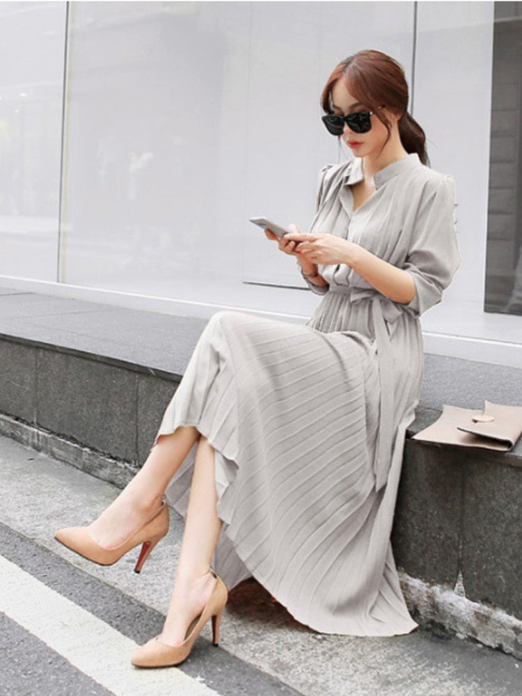 anyfreebie™- Elegant Chiffon Long Sleeve Shirt Dress Women Belt Lace Up A-line Pleated Maxi Dress Korean Fashion Fall Clothes Streetwear