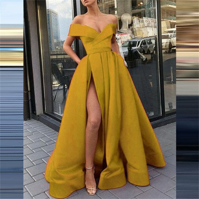 anyfreebie™-Women Sexy V Neck Long Party Dress Solid Elegant Sleeveless High Slit Dress Lady Fashion Off Shoulder Pleated Maxi Dress Vestido