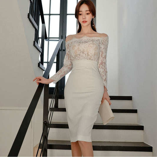 anyfreebie™-new arrival fashion korean spring midi party dress women OL temperament lace perspective sexy off-shoulder holiday pencil dress