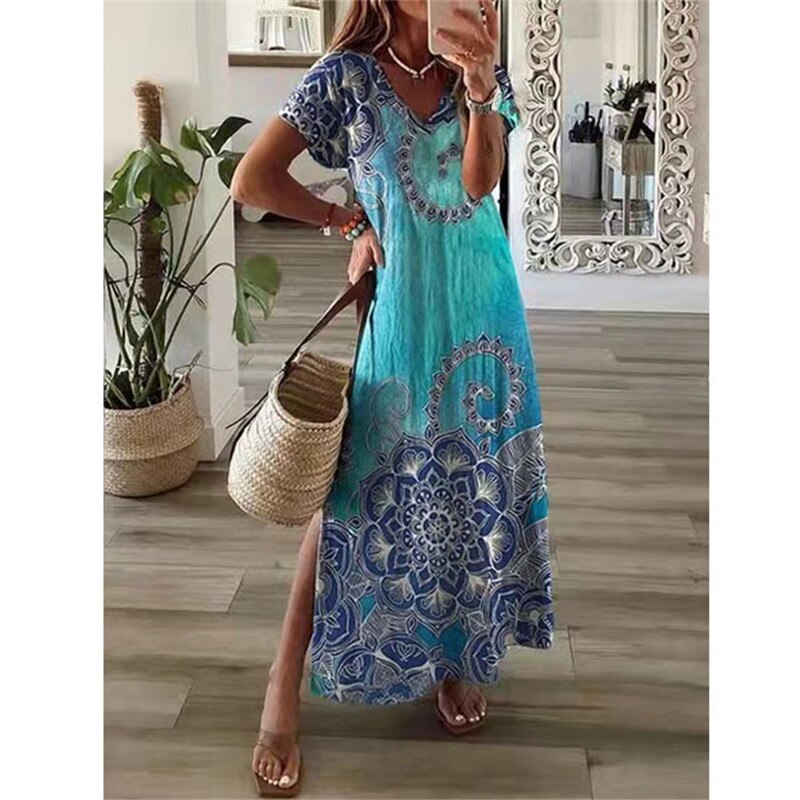 anyfreebie™- Vintage Print Maxi Dress Women 2024 Summer Elegant V Neck Short Sleeve Loose Split Casual Dress Female Party Boho Beach Vestidos