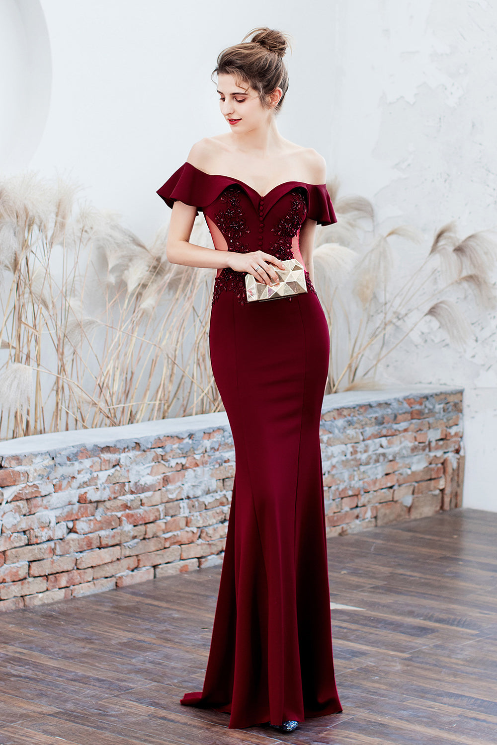 anyfreebie™-Long solid color off-the-shoulder evening dress