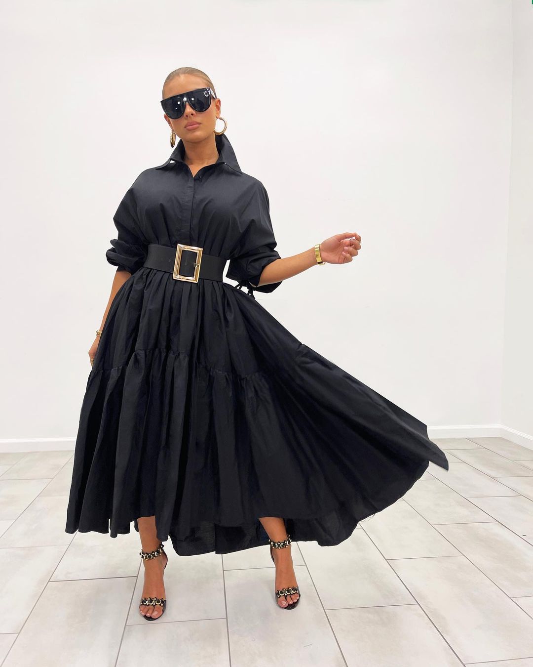 anyfreebie™-Spring Turn Down Collar Long Shirt Maxi Dress Casual Elegant Puff Sleeve Vintage Vestidos with Belt Black White Robe