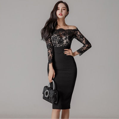 anyfreebie™-new arrival fashion korean spring midi party dress women OL temperament lace perspective sexy off-shoulder holiday pencil dress