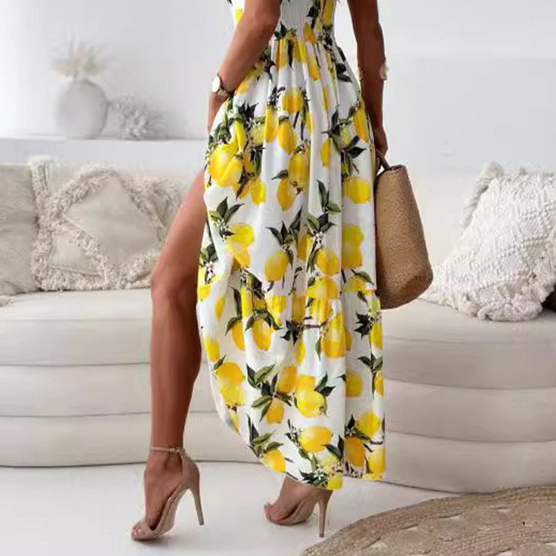 Women’s Elegant Lemon Print Spaghetti Strap Flowy Long Dress
