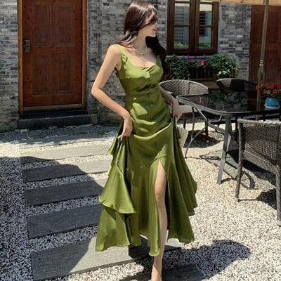 anyfreebie™-Korean Summer Satin Elegant Women Dress Casual Sexy Tank Backless Ruffle Split Maxi Party Lady Robe Femme Beach Mujer Vestidos