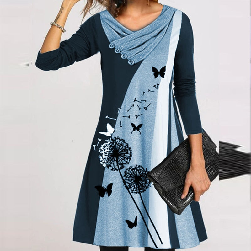 anyfreebie™ - Fashion Long Sleeve V Neck Midi Dress Autumn Ladies Button Splicing Loose Dress New Vintage Geometric Puzzle Print A-line Dress