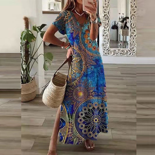 anyfreebie™- Vintage Print Maxi Dress Women 2024 Summer Elegant V Neck Short Sleeve Loose Split Casual Dress Female Party Boho Beach Vestidos