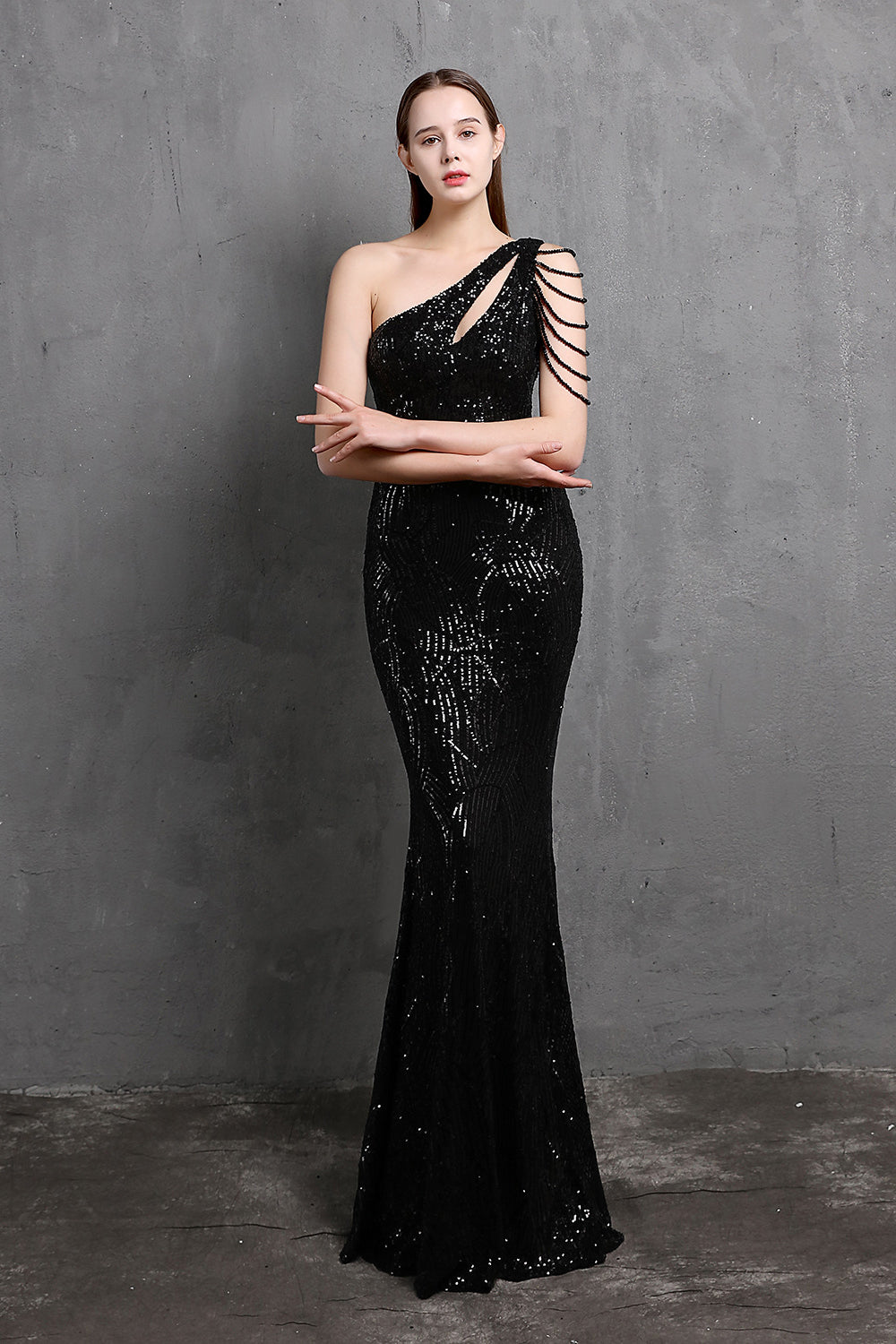 anyfreebie™-Solid color one shoulder sequined long evening dress