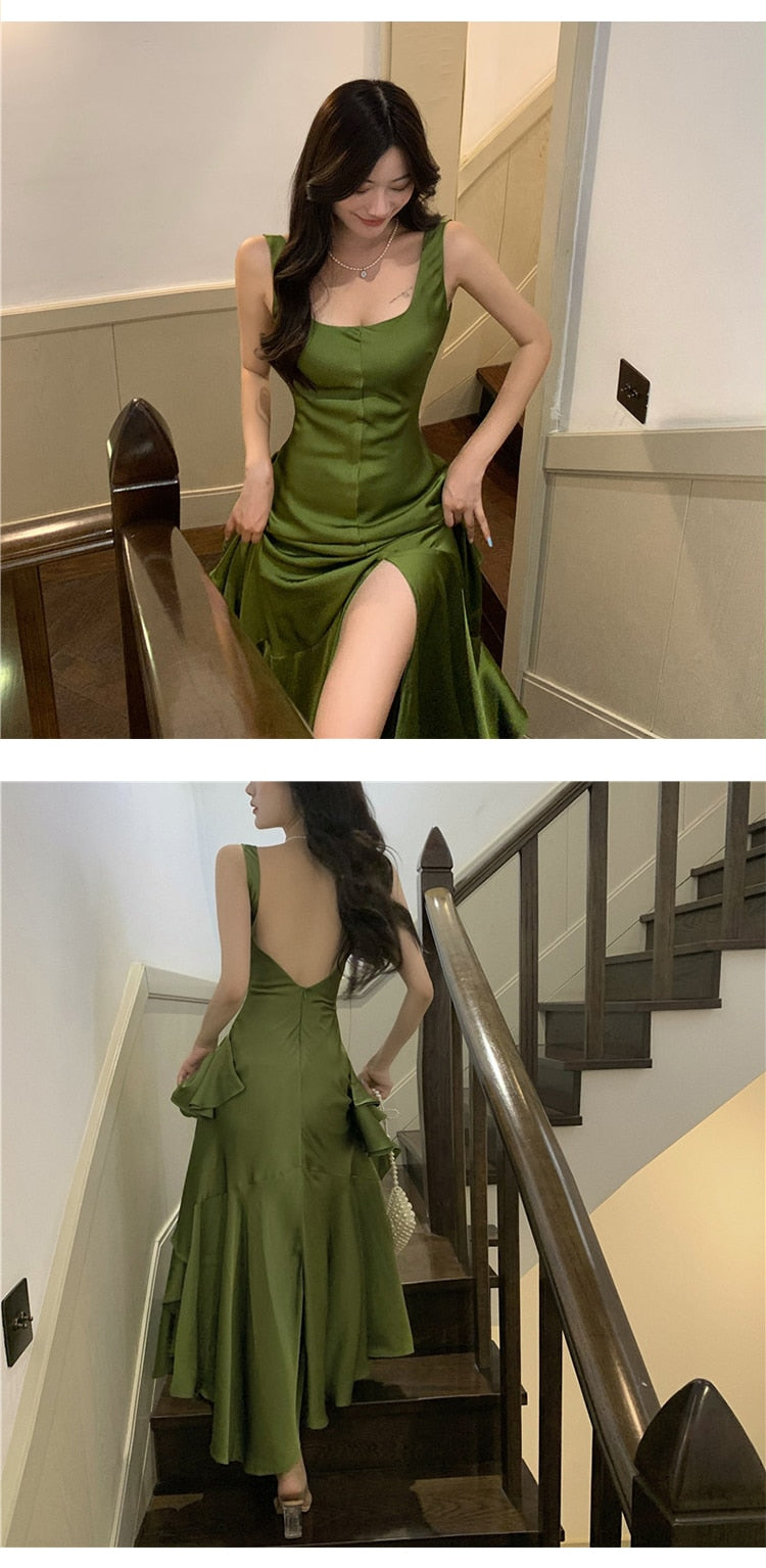 anyfreebie™-Korean Summer Satin Elegant Women Dress Casual Sexy Tank Backless Ruffle Split Maxi Party Lady Robe Femme Beach Mujer Vestidos