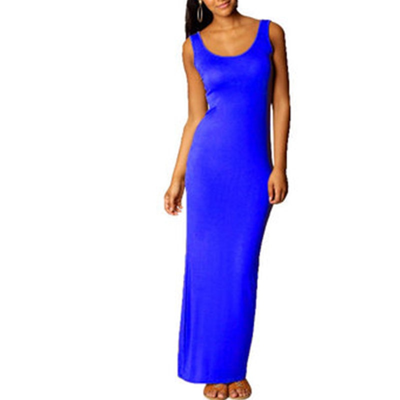 anyfreebie™-Sleeveless Women High Stretch Tank Robe Summer O-neck Bodycon Long Dress Ladies Solid Slim Beach Maxi Dresses Vestidos De Verano