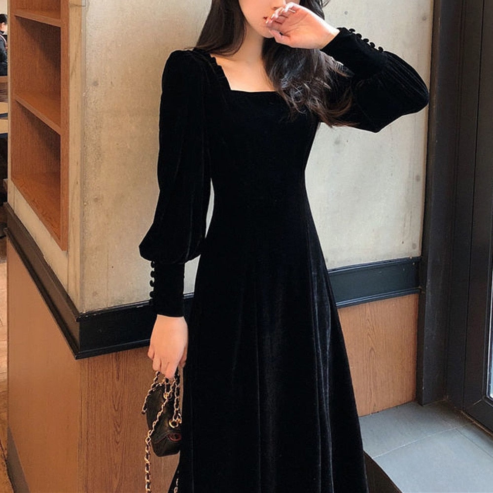 anyfreebie™- Vintage Black Velvet Dress 2024 Women Autumn Winter Warm Long Sleeve Maxi Dress French Elegant V-Neck Party Dresses