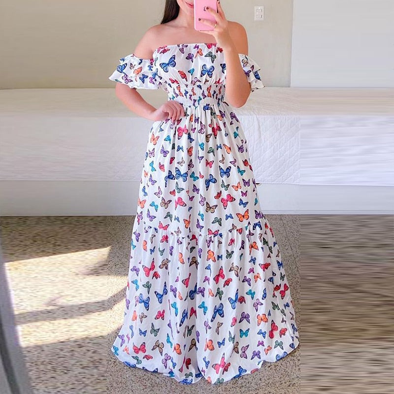 anyfreebie™-Sexy Off The Shoulder Tube Top Dress Butterfly Rainbow Floral Print Dress Ladies Elegant Slim Summer Bohemian Party Maxi Dresses