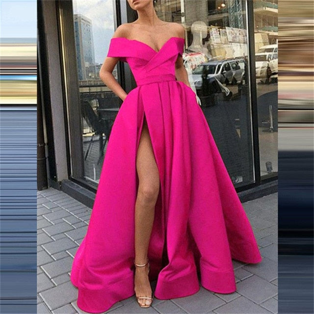 anyfreebie™-Women Sexy V Neck Long Party Dress Solid Elegant Sleeveless High Slit Dress Lady Fashion Off Shoulder Pleated Maxi Dress Vestido