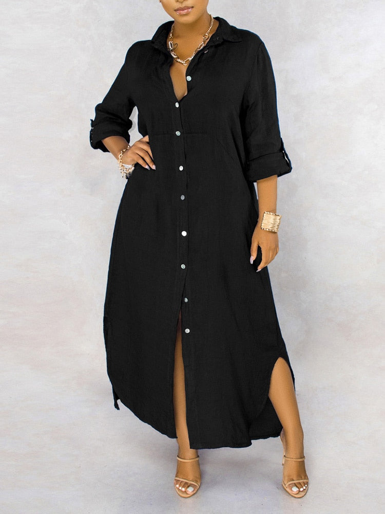 anyfreebie™-Solid Button Maxi Shirt Dress