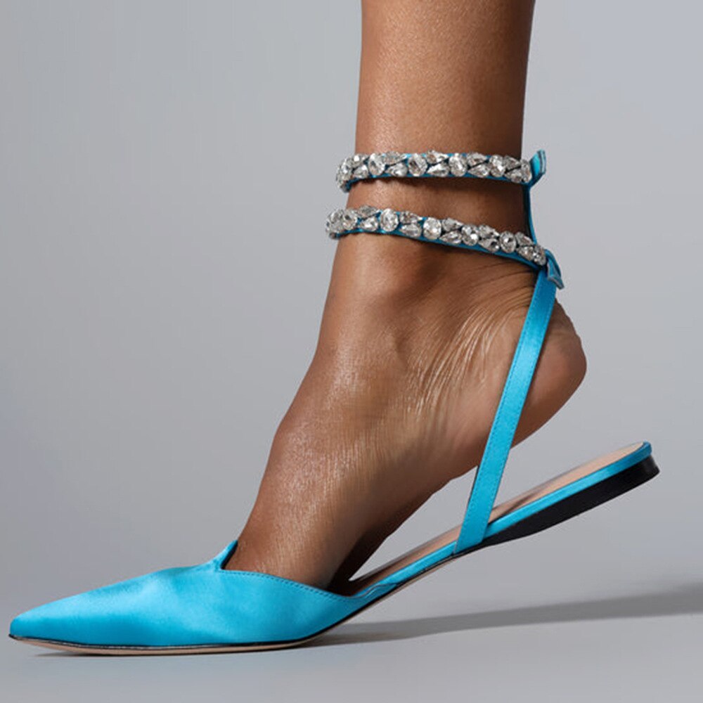 2025 Summer Glam Crystal Pointed Toe Flat Slide Sandals Fashionable Ankle Strap Shoe