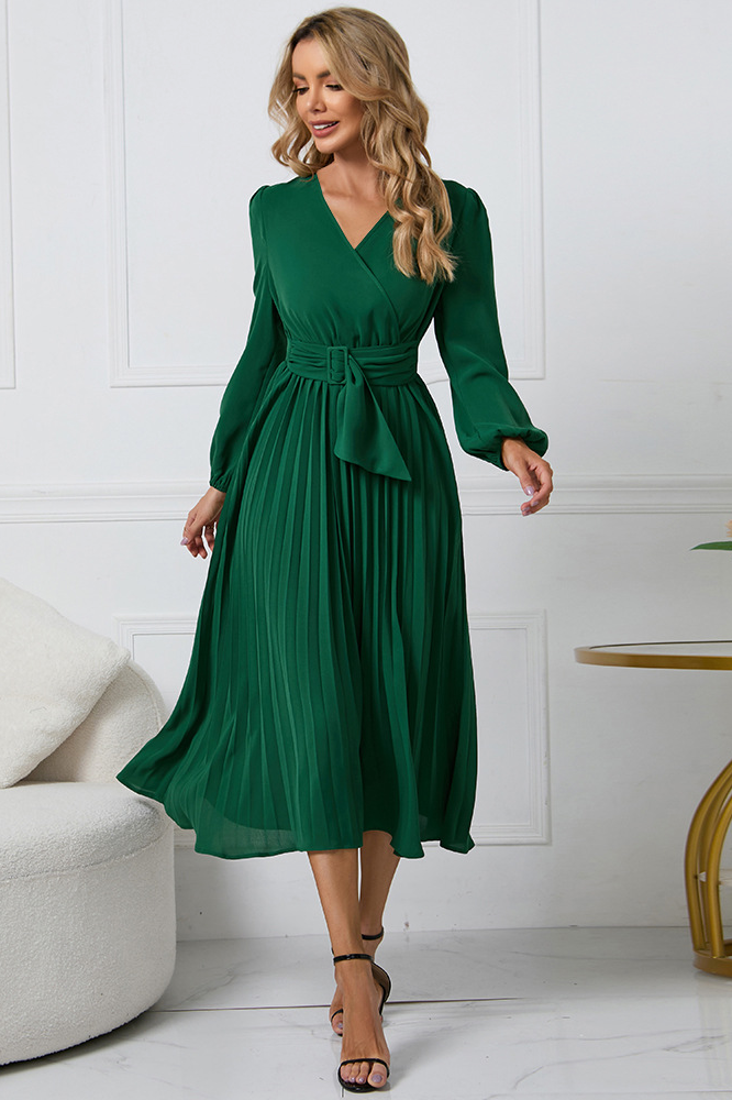 anyfreebie™-Slim fit pleated belted V-neck dress