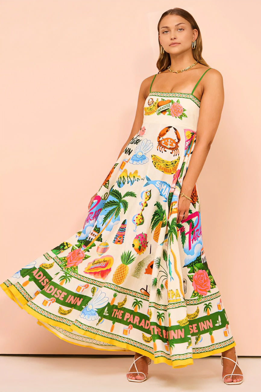 anyfreebie™-Sling graffiti print sleeveless full skirt dress