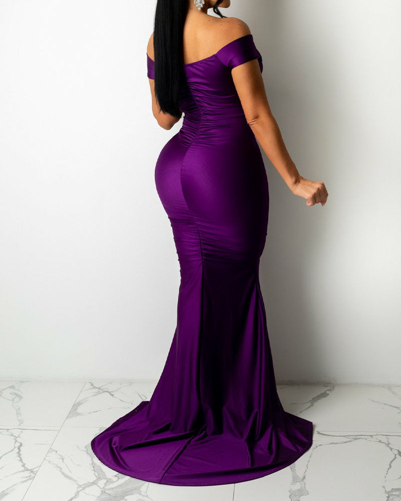 anyfreebie™-Satin Off Shoulder Ruched Split Mermaid Dress