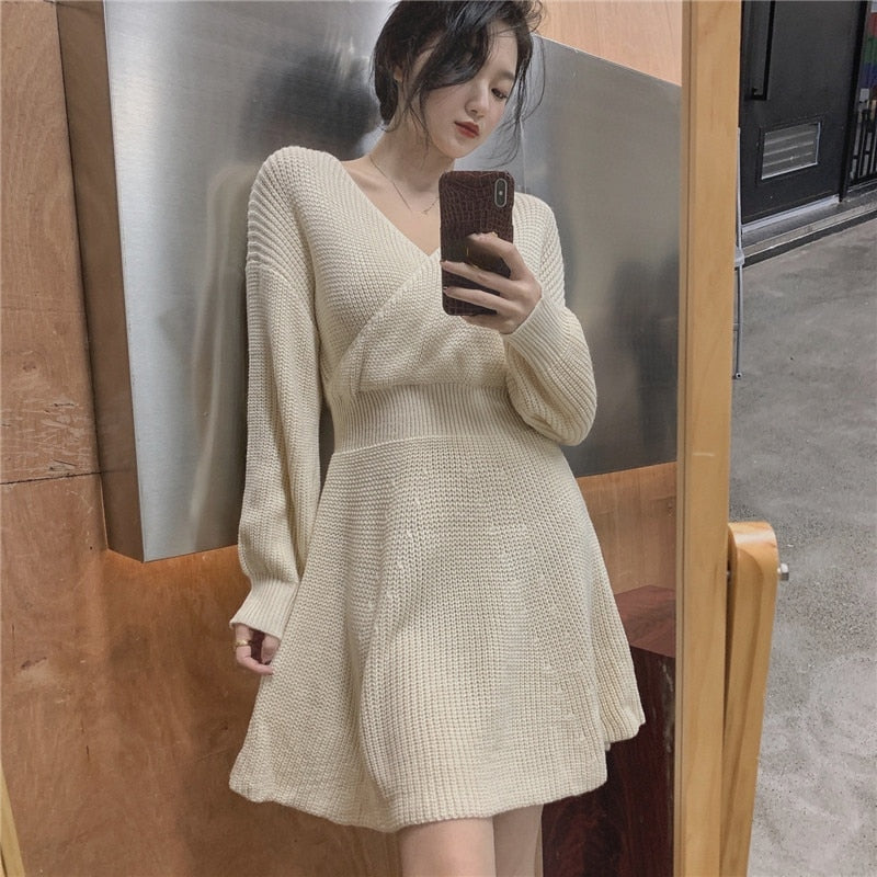 anyfreebie™- Atumn Knitted Dress Women Long Sleeve V-Neck Sexy Pure Color Elegant Sweater Mini Dress Female Party One Piece Dress Korean