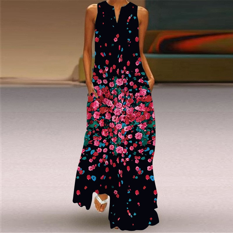 anyfreebie™-Vintage Print Women Sundress 2024 Summer Fashion Sexy V-neck Sleeveless Long Dresses with Pocket Casual Lady Maxi Dress Vestidos