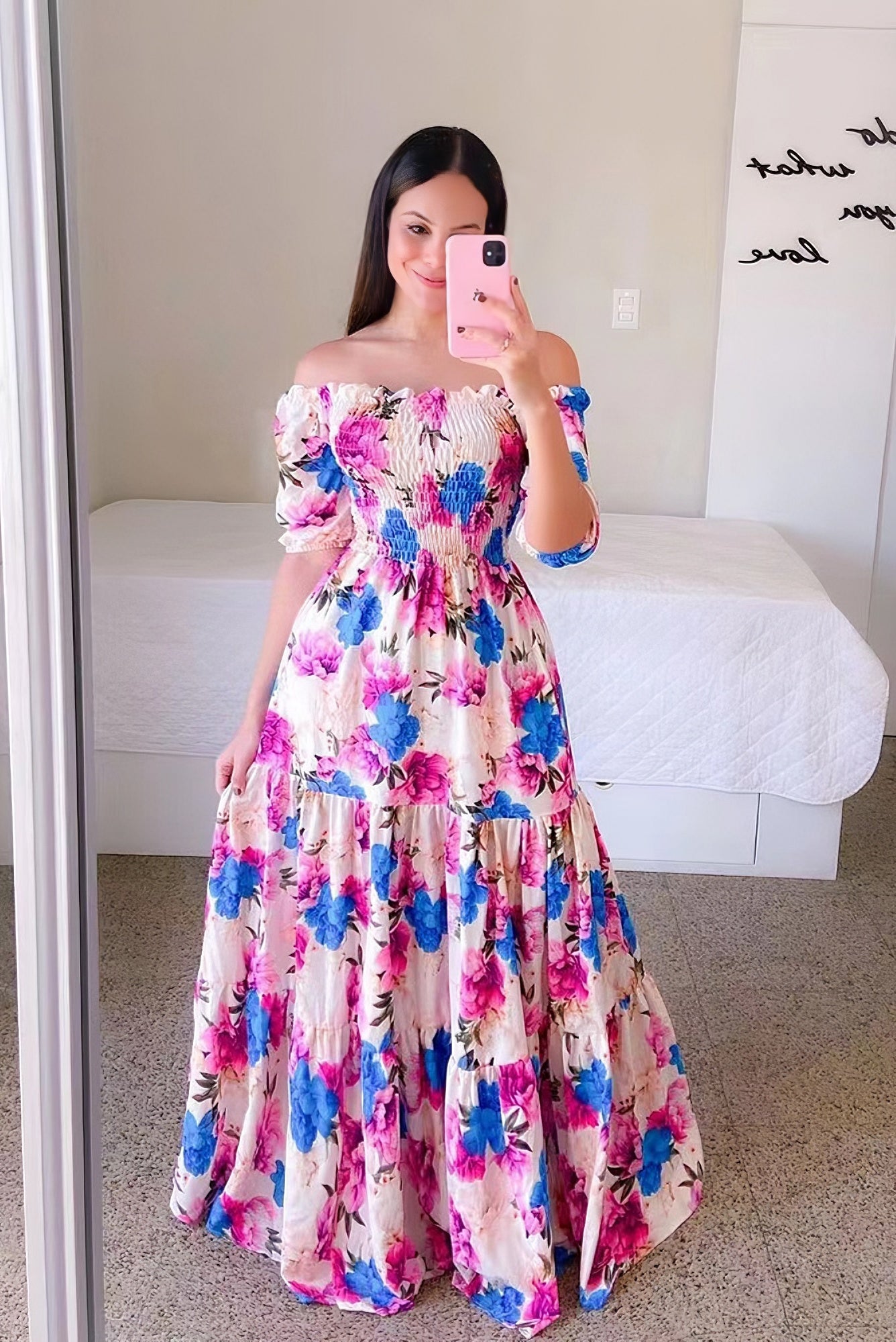 anyfreebie™-One-shoulder floral off-shoulder long printed dress