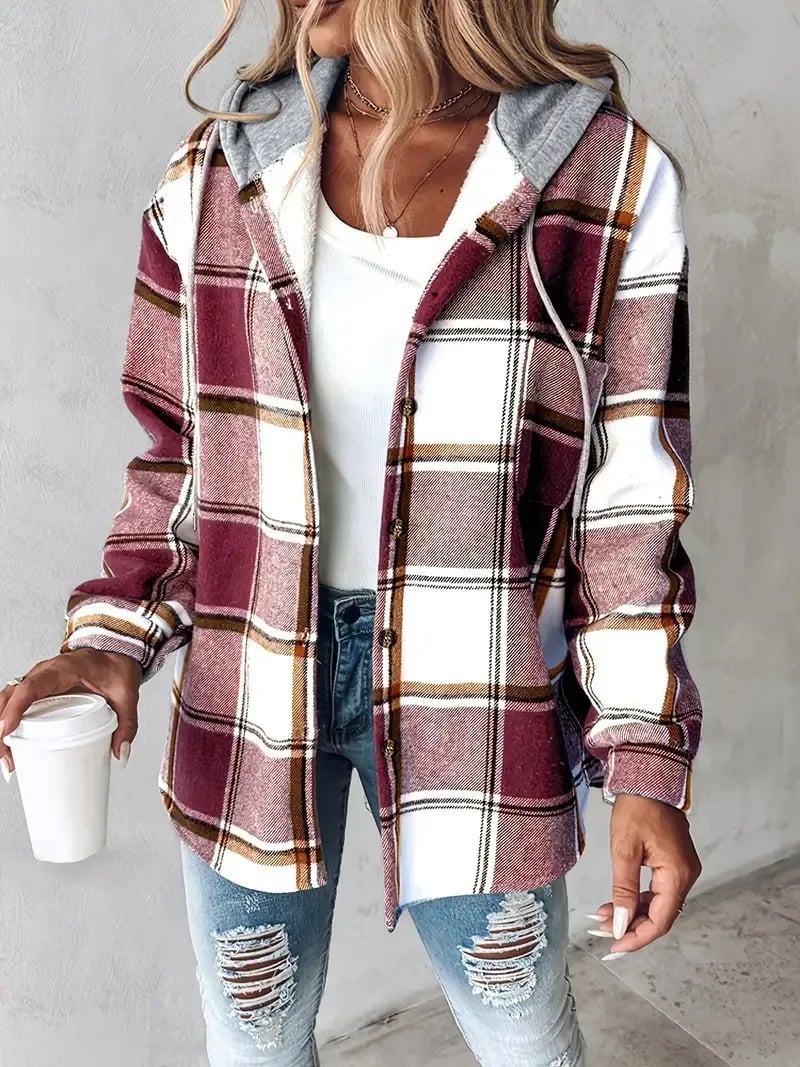 🔥Women's Plaid Button Down Fleece Lined Hooded Jackets Warm Coat