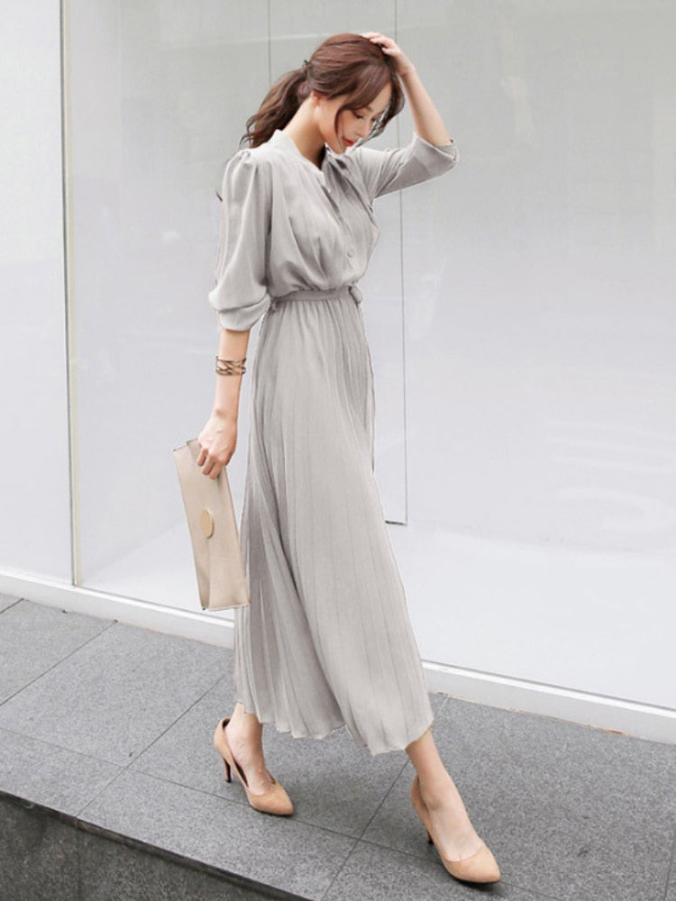 anyfreebie™- Elegant Chiffon Long Sleeve Shirt Dress Women Belt Lace Up A-line Pleated Maxi Dress Korean Fashion Fall Clothes Streetwear