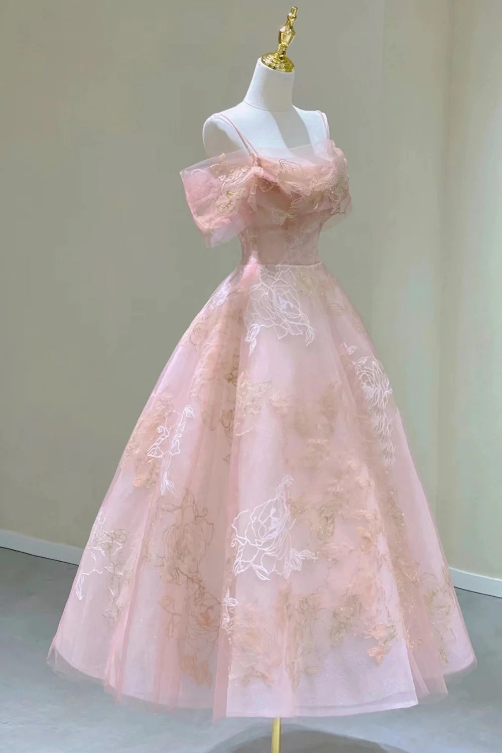 Pink Tulle Lace Short A-Line Prom Dress, Cute Off the Shoulder Evening Party Dress