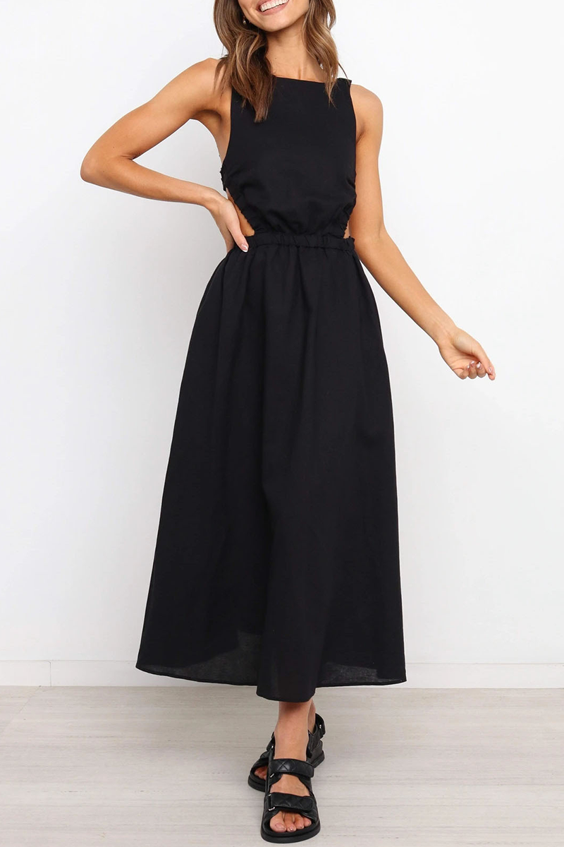 anyfreebie™-Casual Solid Backless O Neck Waist Skirt Dresses