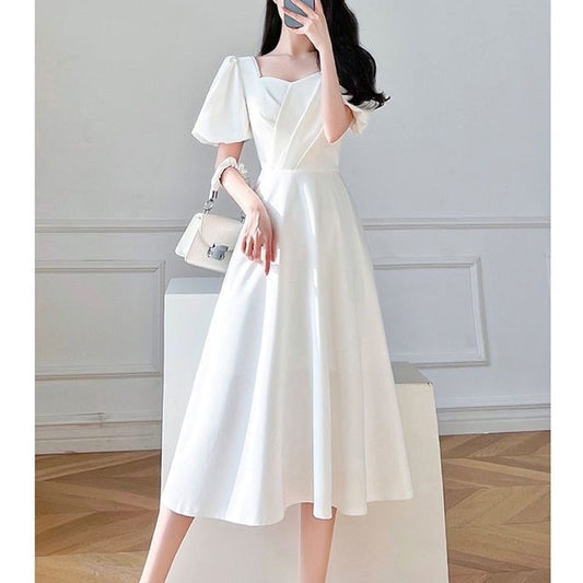 anyfreebie™- Elegant Chic Beads Square Collar White Party Dresses for Women Summer Ruffled Puff Short Sleeve Slim Fit Fairy Midi Dress Female