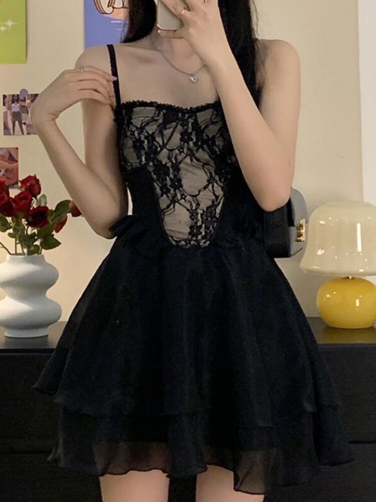 anyfreebie™-Summer Black Chic Dress Women Lace Patchwork Sexy Party Mini Dresses Female Designer Korean Fashion Fluffy Elegant Dresses 2024