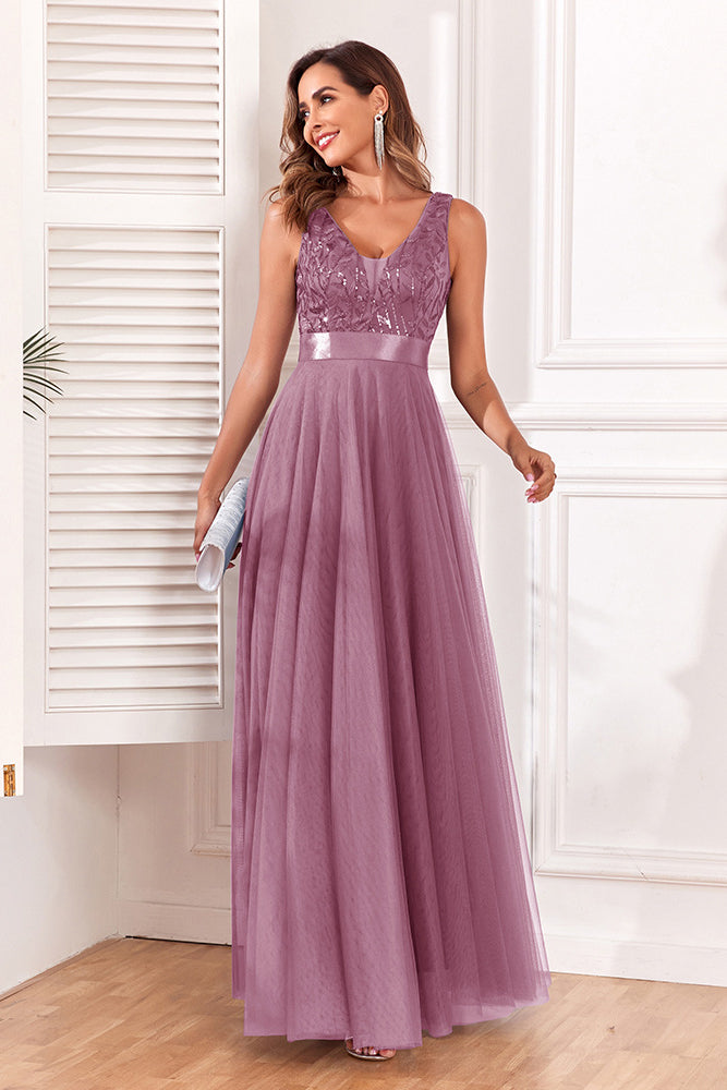 anyfreebie™-Spliced Elastic Waist Sleeveless V Neck Evening Dress Tulle Embroidery Long Party Dress