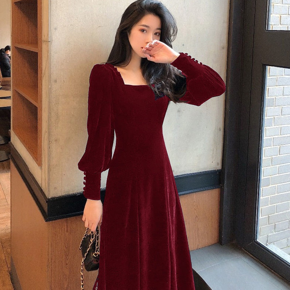 anyfreebie™- Vintage Black Velvet Dress 2024 Women Autumn Winter Warm Long Sleeve Maxi Dress French Elegant V-Neck Party Dresses