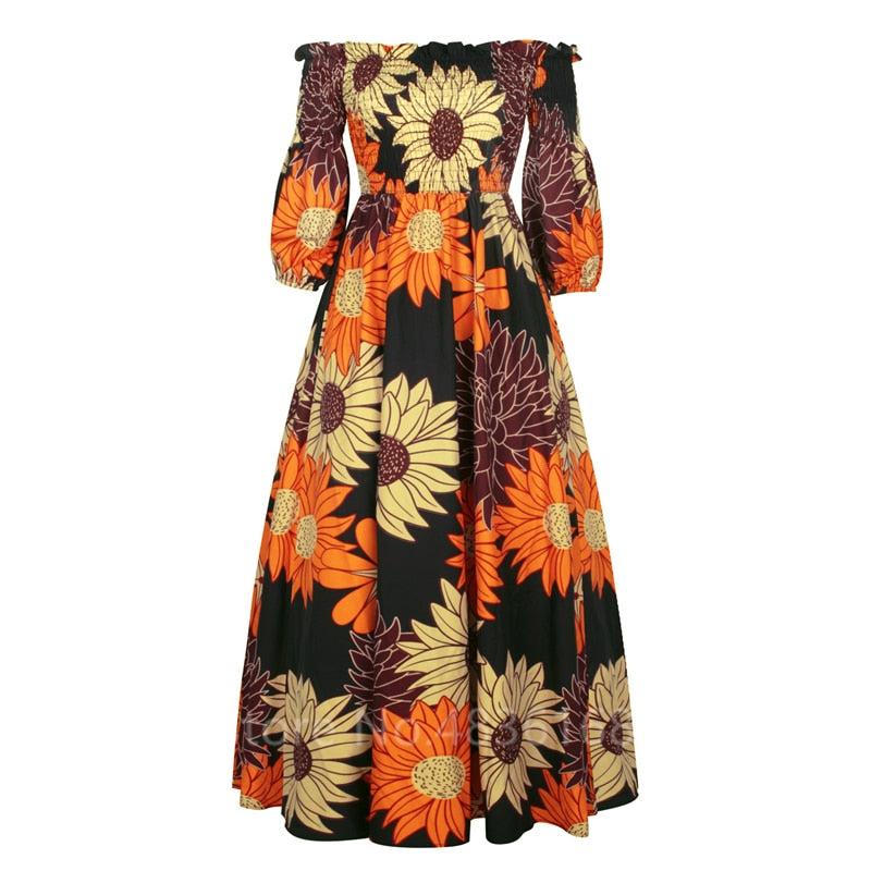 anyfreebie™- African National Print Party Dress Women Casual Sexy Slash-neck Lady Maxi Dress New Vintage Long-sleeved Loose Elegant Dress