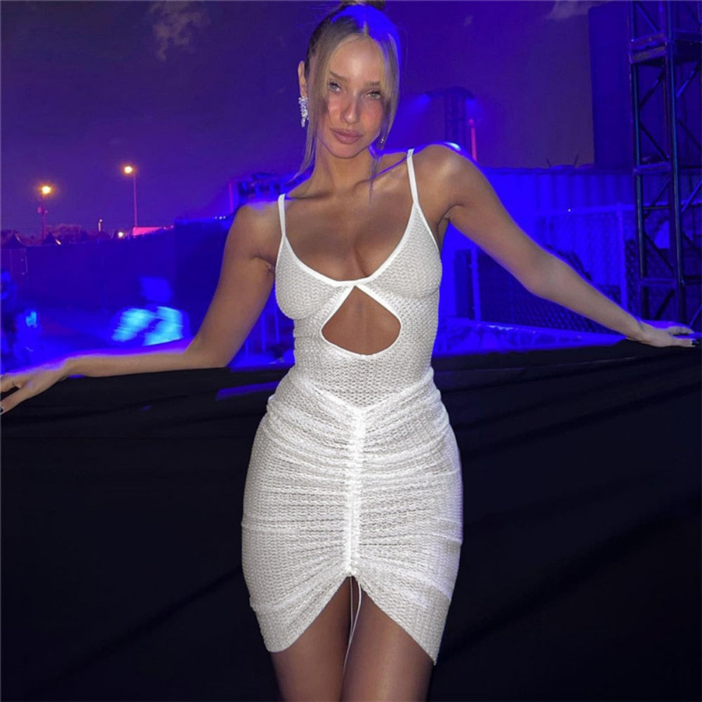 anyfreebie™-Sexy Hollow Out Mini Dress Women Fashion Strap Ruched Bodycon Beach Dresses 2024 Summer White See Through Night Club Outfits