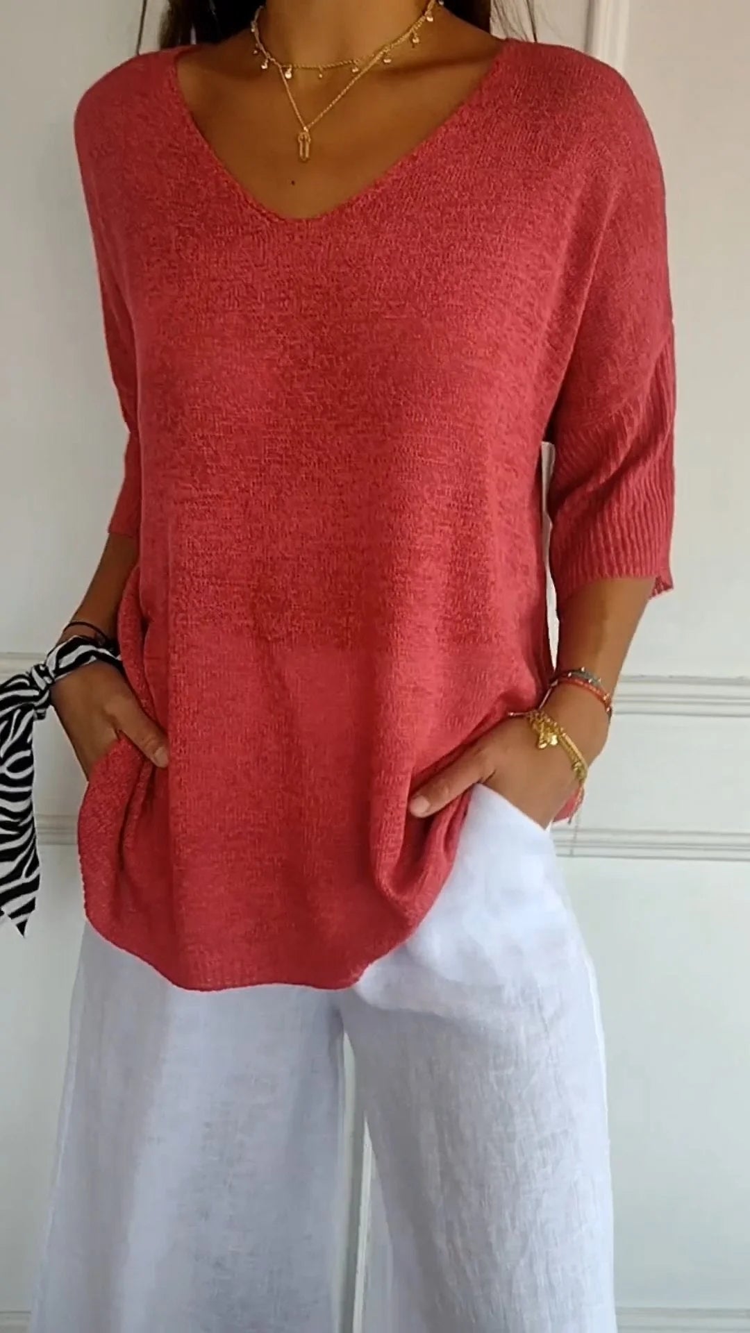 anyfreebie™-Solid Color Knitted V-neck Top